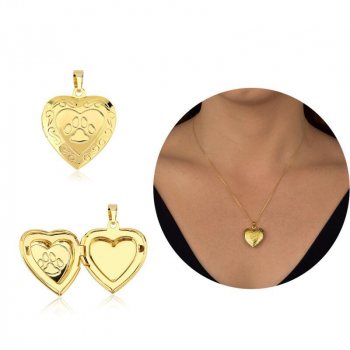 Pingente relicário de coração com desenho de Patinha (PET) - Banhado a Ouro 18K