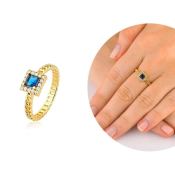 Anel estilo corrente com zircônia central azul - Banhado a Ouro 18k
