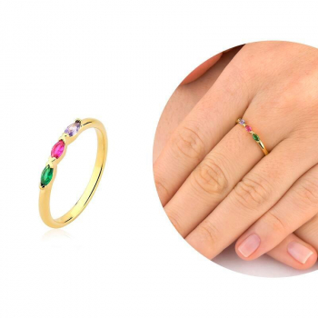 Anel cravejado com micro zircônias coloridas - Banhado a Ouro 18k