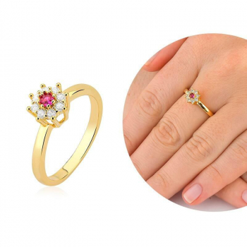 Anel flor cravejado com micro zircônias e zircônia na cor rubi - Banhado a Ouro 18k