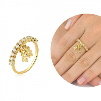 Anel com pingente casal de filhos (Menino e Menina) cravejado com micro zircônias - Banhado a Ouro 18k