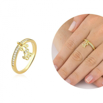 Anel com pingente de cachorro cravejado com micro zircônias - Pet - Banhado a Ouro 18k