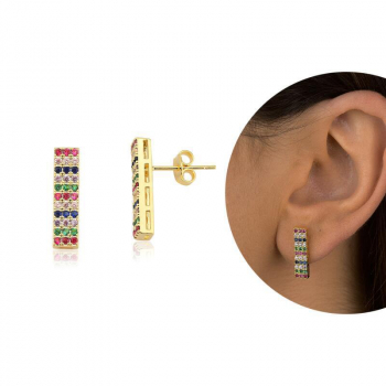 Brinco Retangular Cravejado com Micro Zircônias Coloridas - Banhado a Ouro 18K
