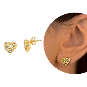 Brinco Coração Cravejado com Micro Zircônias - Banhado a Ouro 18K