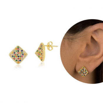 Brinco Cravejado com Micro Zircônias Coloridas  - Banhado a Ouro 18K