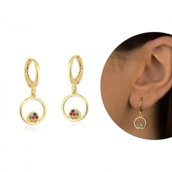 Argola com Pingente Cravejado com Micro Zircônias Coloridas - Banhada a Ouro 18K