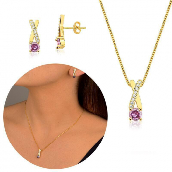 Conjunto Cravejado com Micro Zircônias e Ponto de Zircônia na cor Lavanda - Banhado a Ouro 18K