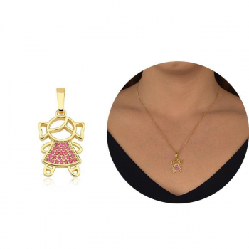 Pingente Menina Cravejado com Micro Zircônias Pink - Banhado a Ouro 18K