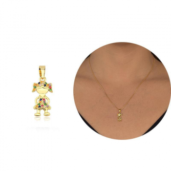 Pingente Menina Cravejado com Micro Zircônias Coloridas - Banhado a Ouro 18K