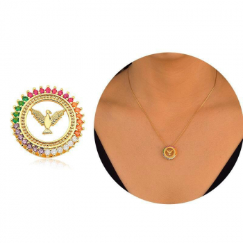 Pingente Espirito Santo Cravejado com Micro Zircônias Coloridas - Banhado a Ouro 18K