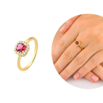 Anel com zircônia central Rubi e Cravejado com Micro Zircônias - Banhado a Ouro 18k