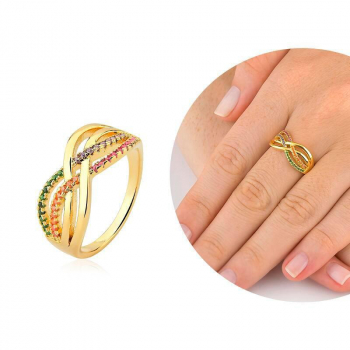 Anel Entrelaçado Cravejado com Micro Zircônias Coloridas - Banhado a Ouro 18k