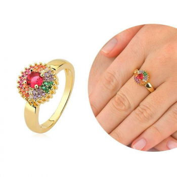 Anel cravejado com zircônias coloridas - Banhado a Ouro 18k